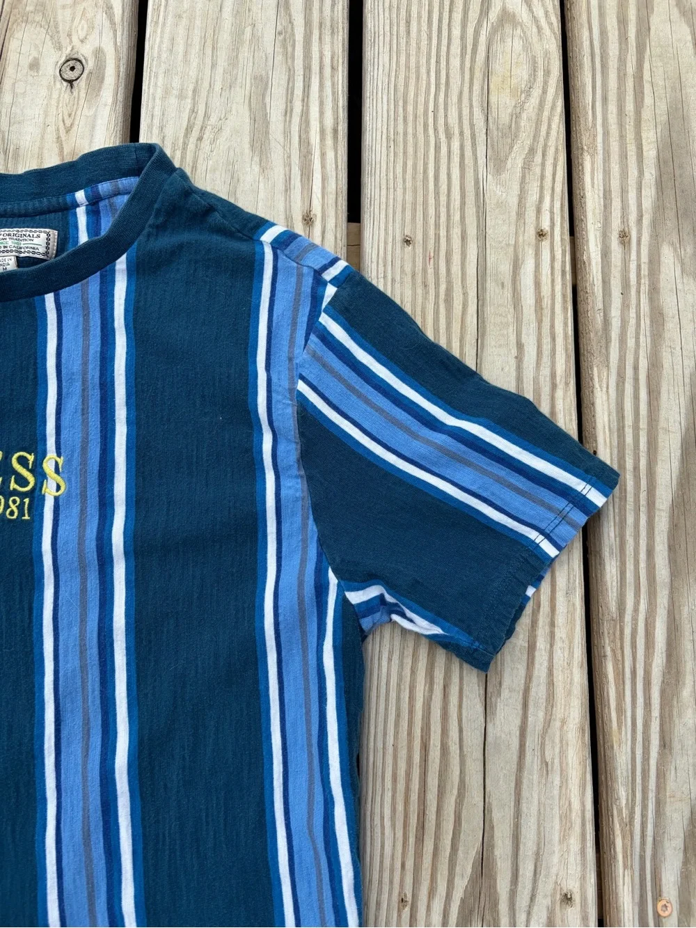 VINTAGE Guess Shirt Adult Medium Blue Striped Crew Neck Hip Hop Streetwear Y2K - Picture 5 of 13